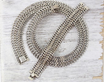 Vintage Mexico Sterling Silver 925 Necklace Bracelet 3 Row V Arrow Link Set 18" Classic Staple