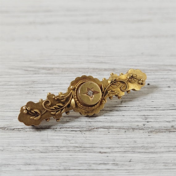 Antique Victorian Diamond 15K Gold Brooch Pin Hal… - image 3
