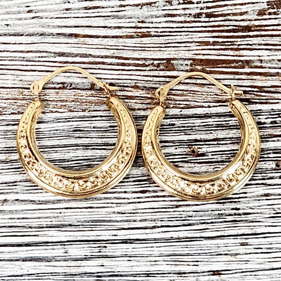 Vintage 10K Yellow Gold Greek Key Hoop Earrings Staple Hoops