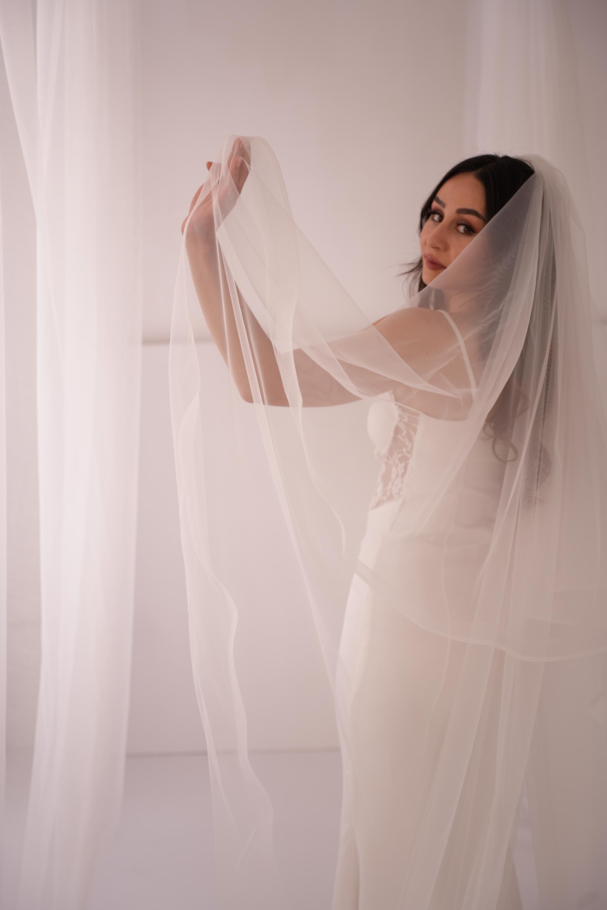 118” horsehair trim Crinoline edge veil with blusher in white Horsehair Veil | Wedding Veils and Capes | Grace + Ivory  main image 2