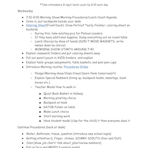 May include: A white paper titled "Week 1 Plans" with a list of daily classroom procedures. The text includes instructions for morning routines, activities, and student tasks. The document is designed for educational use.