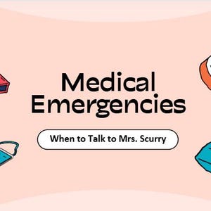 May include: Illustration with the text "Medical Emergencies" and "When to Talk to Mrs. Scurry." Includes a red whistle, a blue face mask, a pill bottle, and a box of blue wipes.