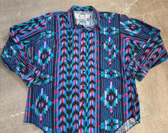 H Bar C Vintage 1990s Men’s Large Southwest Aztec Western Cowboy Shirt Country
