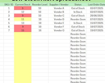 Low Stock Inventory Tracker: Excel & Printable Sheets (Digital Download