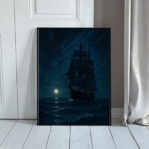 Moonlit Ship Printable Art – Dark Ocean Night Wall Decor, Nautical Sailboat Digital Download Poster