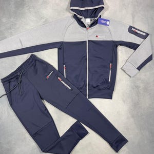 The Unisex Navy & Grey Hooded Tracksuit – Men’s Full Zip Jogger Set