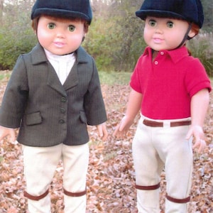 May include: Two dolls wearing riding outfits. The doll on the left is wearing a black jacket, white pants, and a black riding helmet. The doll on the right is wearing a red polo shirt, white pants, and a black riding helmet.
