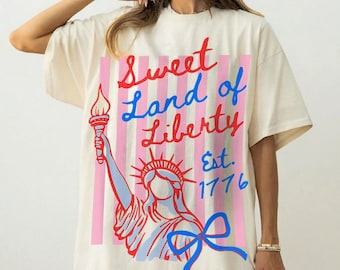 Sweet Land of Liberty PNG, Patriotic Coquette Bow Shirt Design, 4th of July USA Stripes, Est 1776 American Girl Graphic