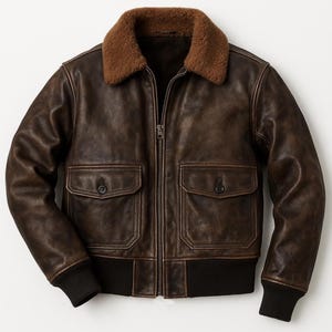 Men’s G1 Bomber Jacket – Vintage Military Style Distressed Brown Cowhide Leather Coat with Faux Fur Collar