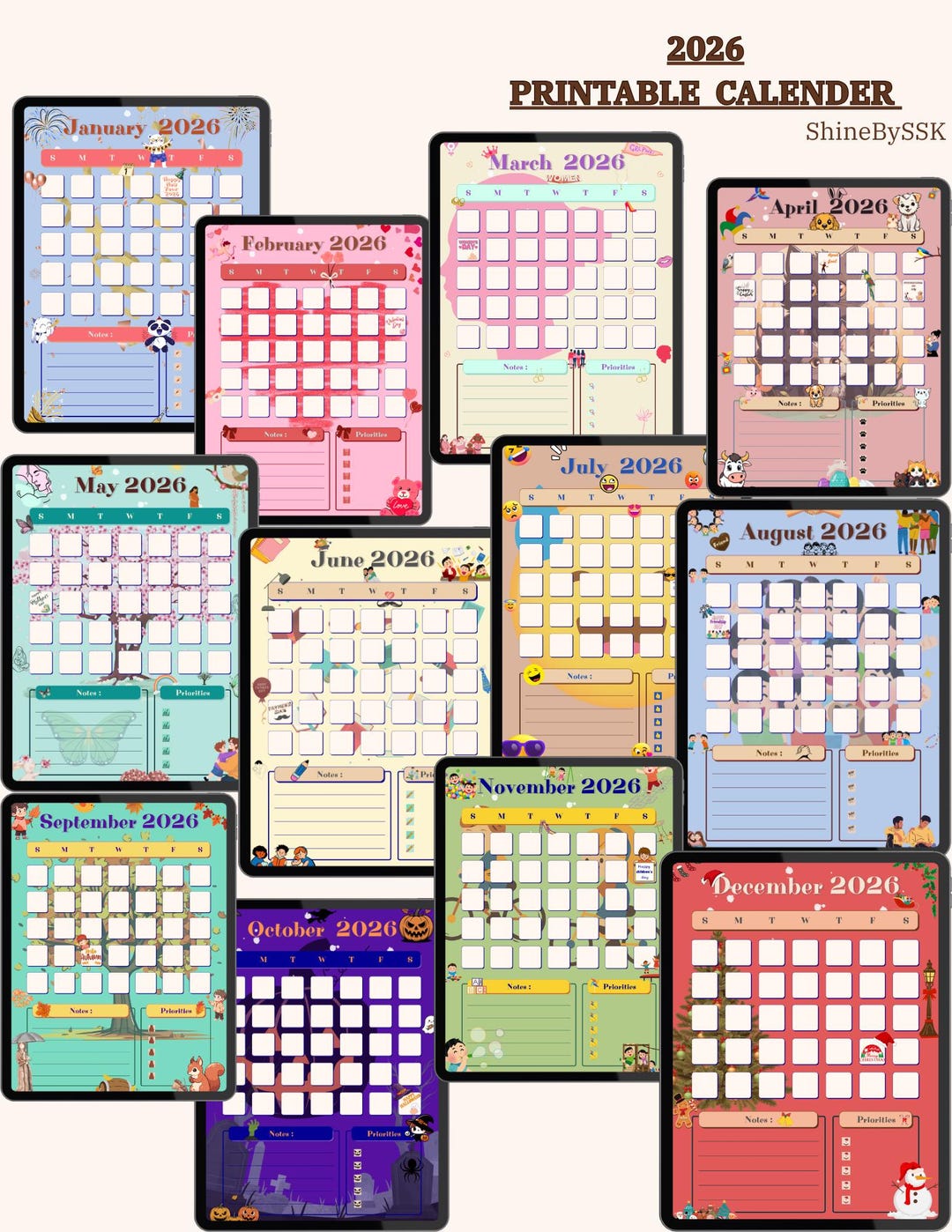 Kids 2026 Monthly Theme Calendar | Printable Planner (PDF) - Etsy UK