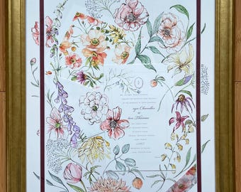 Pintura de invitación de boda enmarcada de 16 x 20, recuerdo de acuarela floral, regalo de boda personalizado, regalo para ellos
