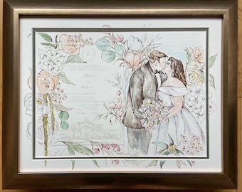 Puede incluir: Una ilustración de acuarela de una invitación de boda con una pareja besándose rodeada de detalles florales. La invitación incluye los nombres "Elise" y "Robert" y la fecha "15 de octubre".
