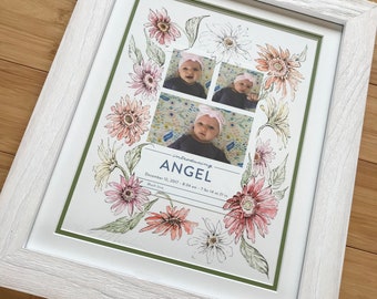 May include: A framed print with a watercolor illustration of pink and white flowers surrounding three photos of a baby girl. The text "introducing ANGEL" is printed below the photos, along with the baby's birthdate, weight, and length.