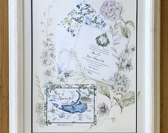 Puede incluir: Una invitación de boda enmarcada con un diseño floral. La invitación es para una boda en Nantucket, Massachusetts. La invitación incluye un mapa de Nantucket.