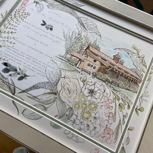 11x14 Framed/Venue + Invite + flowers/Framed Wedding Venue/Venue Sketch/Wedding Gift/Wedding Gift Idea/Anniversary Gift/Framed Invitation