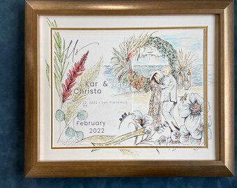 Puede incluir: Una pintura de acuarela de una ceremonia de boda con la pareja de pie bajo un arco floral. El texto "Kar & Christo" está escrito en letras negras, junto con la fecha "February 22, 2022" y la ubicación "San Francisco, CA". La pintura está enmarcada en un marco dorado.