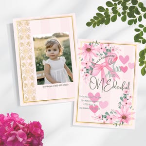Little Miss Onederful Bow First Birthday Invitation, 1st Birthday for Girls Floral Evite, 1st Birthday Invitation, Editable Instant Download