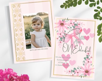 Zaproszenie na pierwsze urodziny Little Miss Onederful Bow, zaproszenie kwiatowe na pierwsze urodziny dla dziewczynek, zaproszenie na pierwsze urodziny, edytowalne, natychmiastowe pobranie