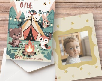 One Happy Camper Birthday Invitation Template, 1st Birthday Invite, Digital Happy Camper Evite, Camper First Birthday, Editable Download