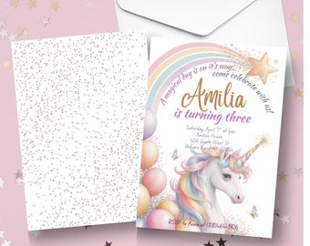 Einhorn-Geburtstagseinladung, Pastellregenbogen-Einhorn-Geburtstag einladen, herunterladbare druckbare Canva-Vorlage für Mädchen, wunderliches Märchen