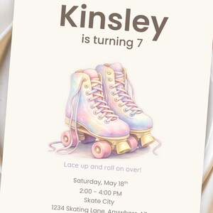 Roller Skate Girl Birthday Invitation, Editable | Pastel Watercolor Storybook Theme