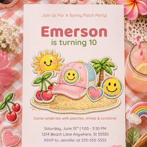 May include: A rectangular birthday invitation card with the text Join Us For A Sunny Patch Party! Emerson is turning 10. The design features a pink trucker hat, a sun, cherries, a palm tree, a heart, and a smiley face patch on sand.