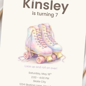 Roller Skate Girl Birthday Invitation, Editable | Pastel Watercolor Storybook Theme