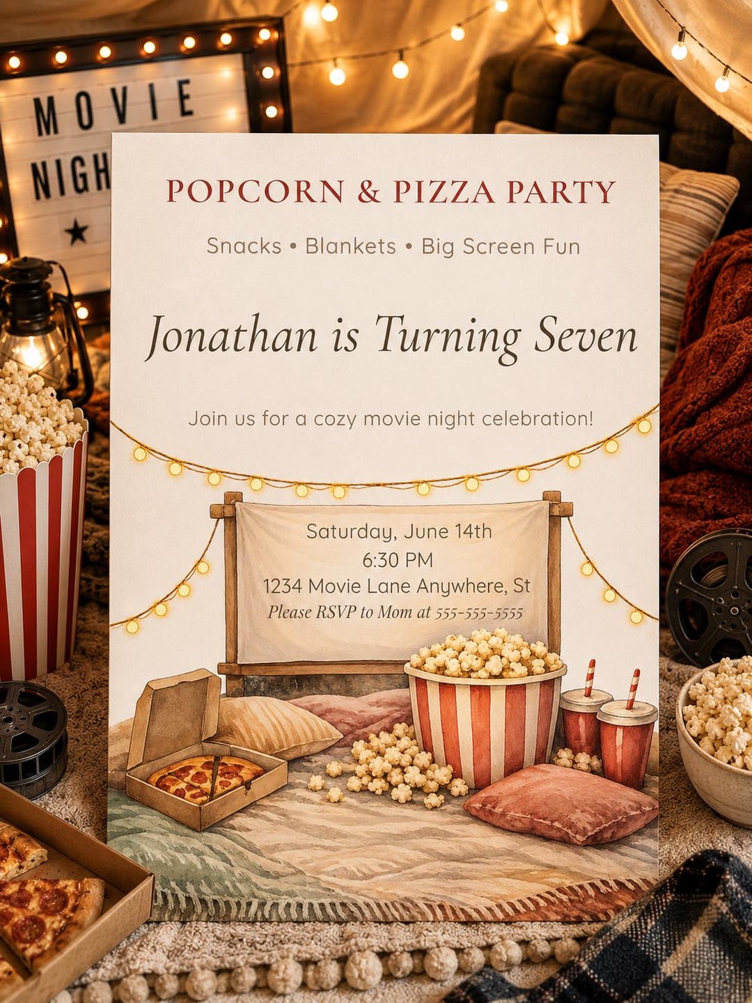Kids Movie Night Birthday Invitation Template | Editable Popcorn ...