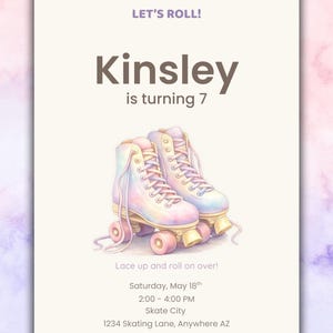Invitación de cumpleaños para patinadora, editable, con temática de cuento de acuarela pastel.