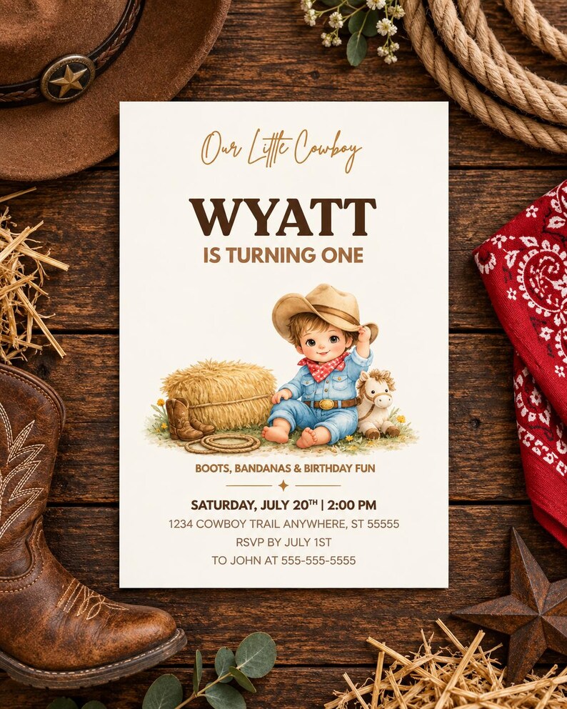 My First Rodeo Invitatioons Cowboy Birthday Invitation Boy Western Rodeo Party Theme Whimsical ...