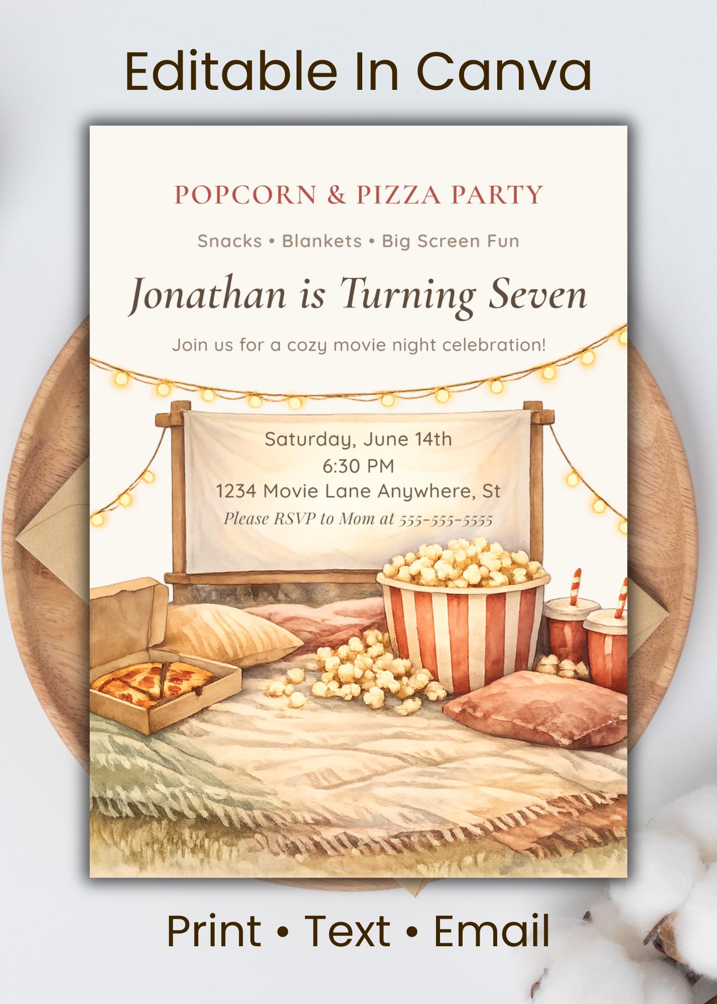 Kids Movie Night Birthday Invitation Template | Editable Popcorn ...