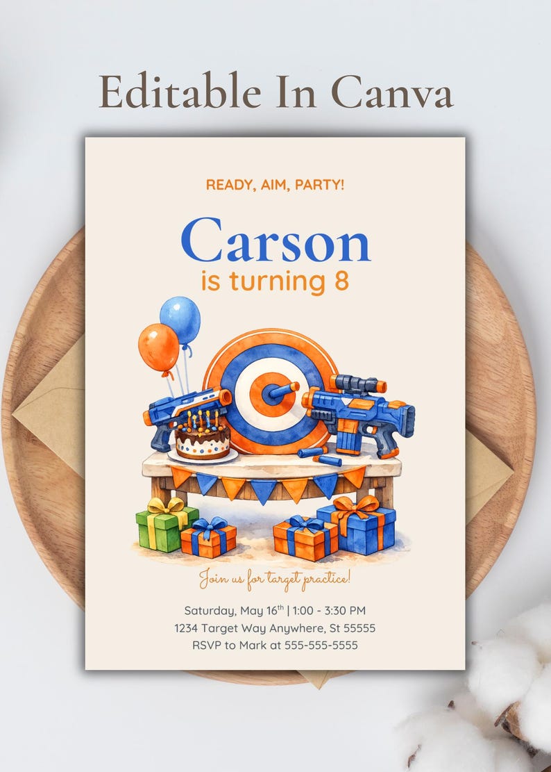Nerf Birthday Invitation, Watercolor Target Party Invite (digital ...