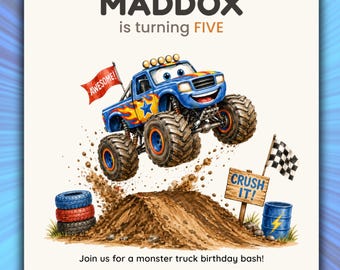Monster Truck Boy Birthday Invitation, Editable | Kids Dirt Track Racing Party Theme | Instant Download