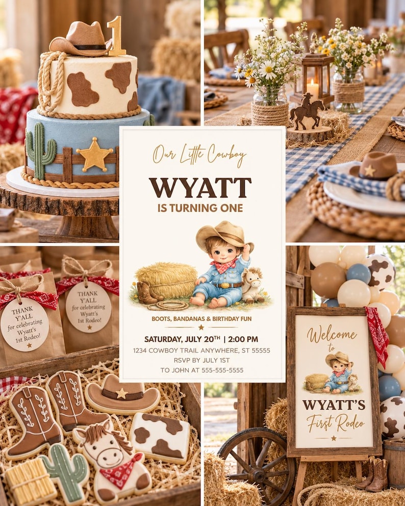 My First Rodeo Invitatioons Cowboy Birthday Invitation Boy Western Rodeo Party Theme Whimsical ...