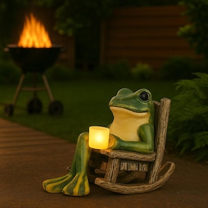 Puede incluir: Una estatua de rana verde y amarilla sentada en una mecedora de madera, sosteniendo una vela encendida. La rana está situada al aire libre, con una parrilla y llamas visibles en el fondo, creando un ambiente relajado de jardín.