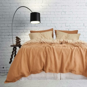 Linen Duvet Cover Set with 2 Pillowcases in Sandalwood – Stone Washed Flax Bedding, King Queen Full Twin CalKing Sizes – Soft & Breathable