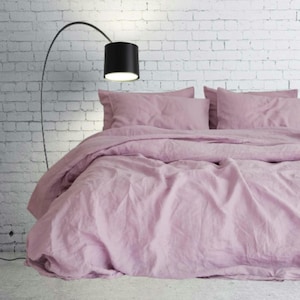 Linen Duvet Cover Set with 2 Pillowcases in  Lilac – Stone Washed Flax Bedding, King Queen Full Twin CalKing Sizes – Soft & Breathable
