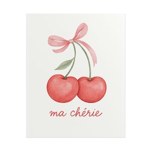 Rolled Posters Wall Art, Cherry Pink Bow Print, Nursery Decor, Kids Room Poster, Cute Fruit Art, Dorm Decor