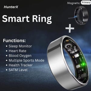 以下が含まれることがあります： 「Smart Ring」の文字と「機能：睡眠モニター、心拍数、血中酸素、マルチスポーツモード、ヘルス トラッカー、5ATMレベル」の文字が入ったシルバーのスマートリング。 リングは洗練されたデザインです。