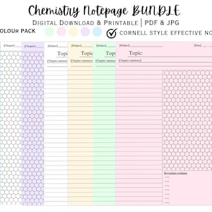 Könnte beinhalten: Ein Bundle aus druckbaren Chemie-Notizseiten in fünf Farben: Blau, Lila, Gelb, Grün und Rosa. Jede Seite hat ein Cornell-Notizlayout mit Platz für Kapitelzusammenfassungen und Themen. Der Text "Chemistry Notepage BUNDLE" steht oben.
