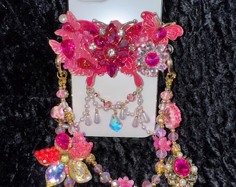 Clip per telefono con fiore scintillante rosa e oro: ciondolo a catena da polso