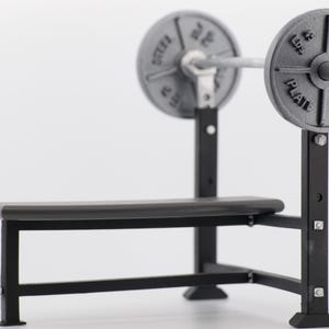 Könnte beinhalten: Eine Miniatur-Hantelbank mit Langhantel und Gewichtsscheiben. Die grauen Gewichtsscheiben sind mit "STEEL PLATE" und "20,4 kg" beschriftet. Die Bank und der Rahmen sind schwarz.