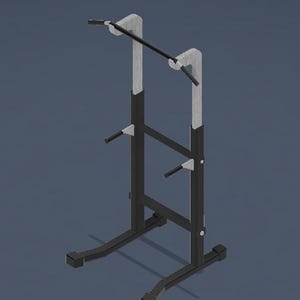 Pode incluir: Um rack de musculação preto e cinza. O rack tem uma base retangular, suportes verticais e barras horizontais para pull-ups. Os suportes são cinza com detalhes em preto e braços ajustáveis.