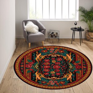 Vintage Floral Round Rug – Red Roses, Boho Oriental Carpet