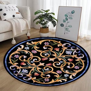 Botanical Round Rug, Dark Floral Rug With Vintage Style Wildflowers for Boho Living Room, Entryway or Nature Inspired Decor