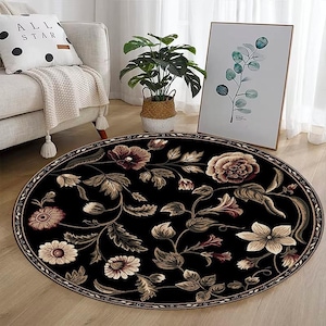 Botanical Round Rug, Dark Floral Rug With Vintage Style Wildflowers for Boho Living Room, Entryway or Nature Inspired Decor