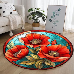 Red Flower Round,Flower Round Rug,Flower Circle Rug,Round Rug,Circle Rug,Art Flower Rug,Flower Themed Rug,Flower Pattern Rug,Home Decor Rug