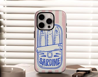 Sardines phone case, retro canned fish iPhone case with iPhone 17, 16, 15, 14, 13, 12, Plus, Pro Max and Samsung S25, S24, S23, S22 Ultra.