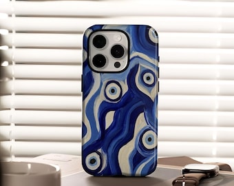Evil Eye Wellen Muster Handyhülle passend für iPhone 17 16 15 14 13 12 11 X Plus Pro Max Samsung Galaxy S25 S24 S23 S22 Plus Ultra