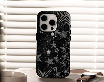 Funda de teléfono con diseño de estrella grunge negra, con estampado psicodélico oscuro, para iPhone 17, 16, 15, 14, 13, 12, Pro Max, Samsung S25, S24, S23, S22 Ultra